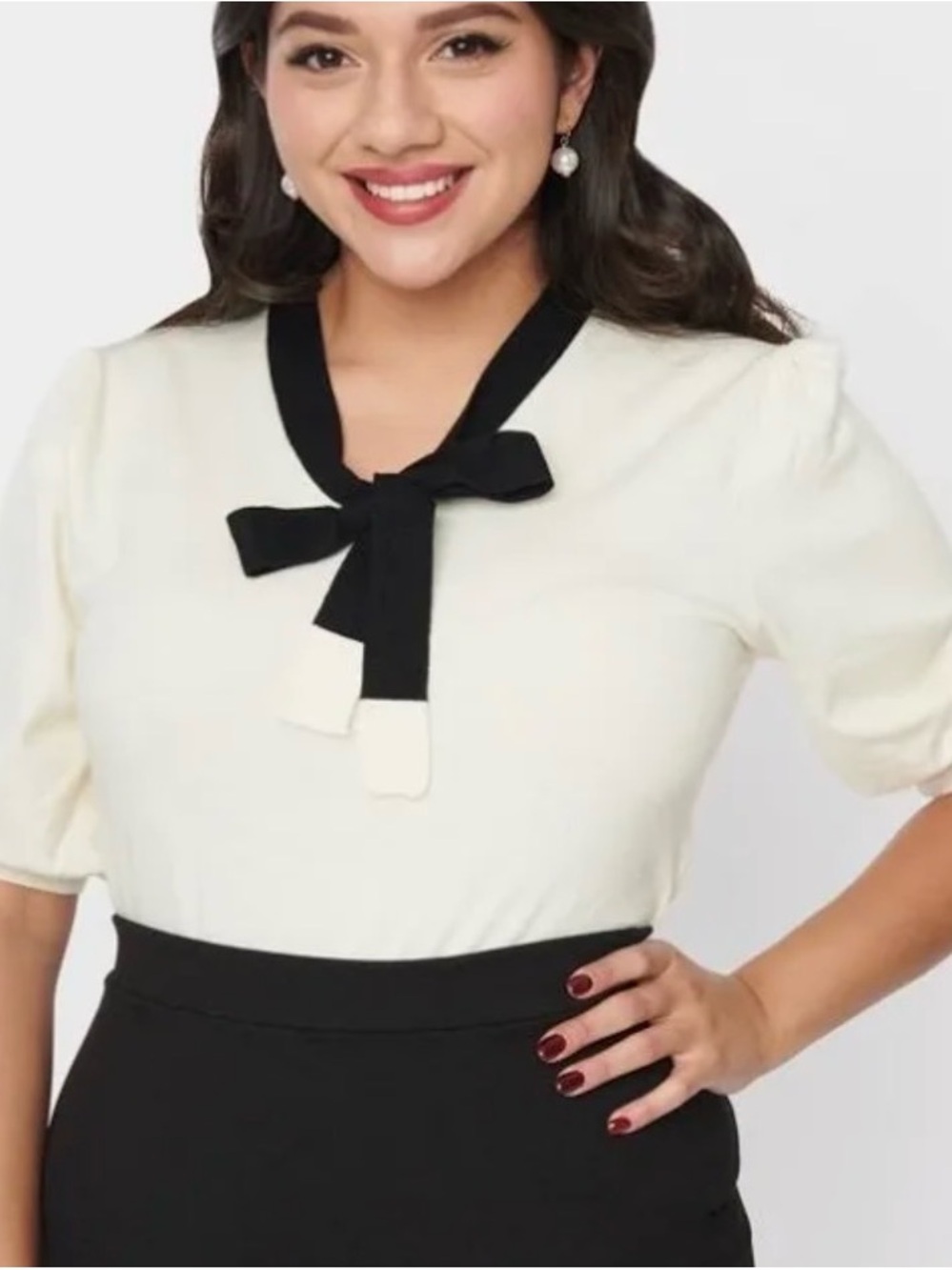 New Tulip B Cream and Black Tie-Neck Short Sleeve Top